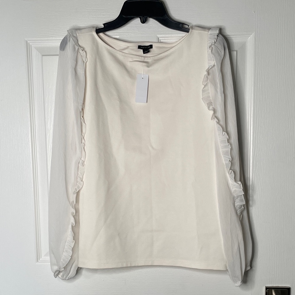 NWT Ann Taylor Cream Sheer Ruffled Long Sleeve Top Blouse